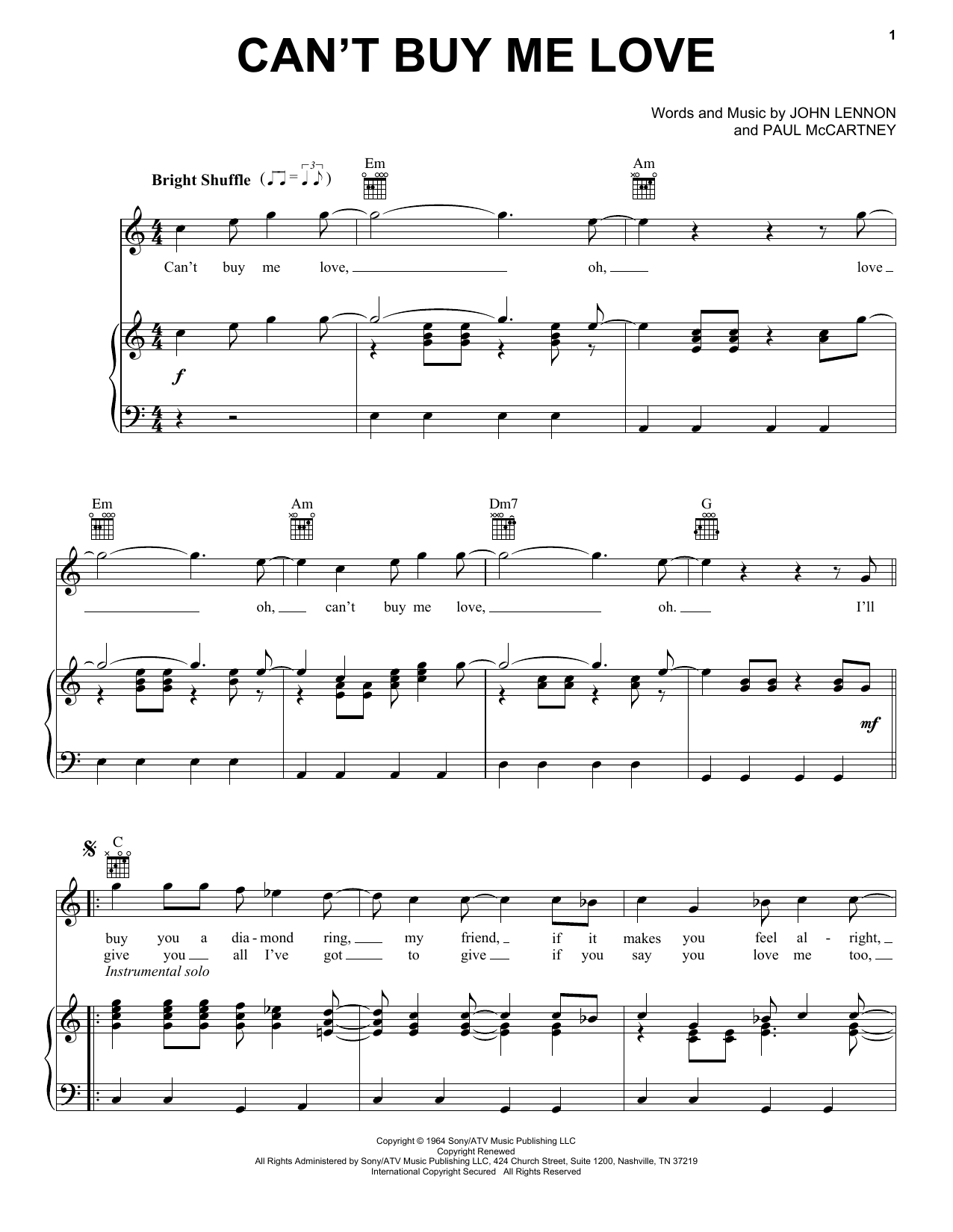 The Beatles Can't Buy Me Love sheet music notes printable PDF score