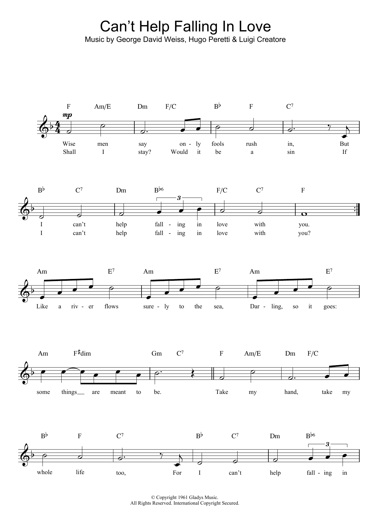 UB40 Can't Help Falling In Love sheet music notes printable PDF score