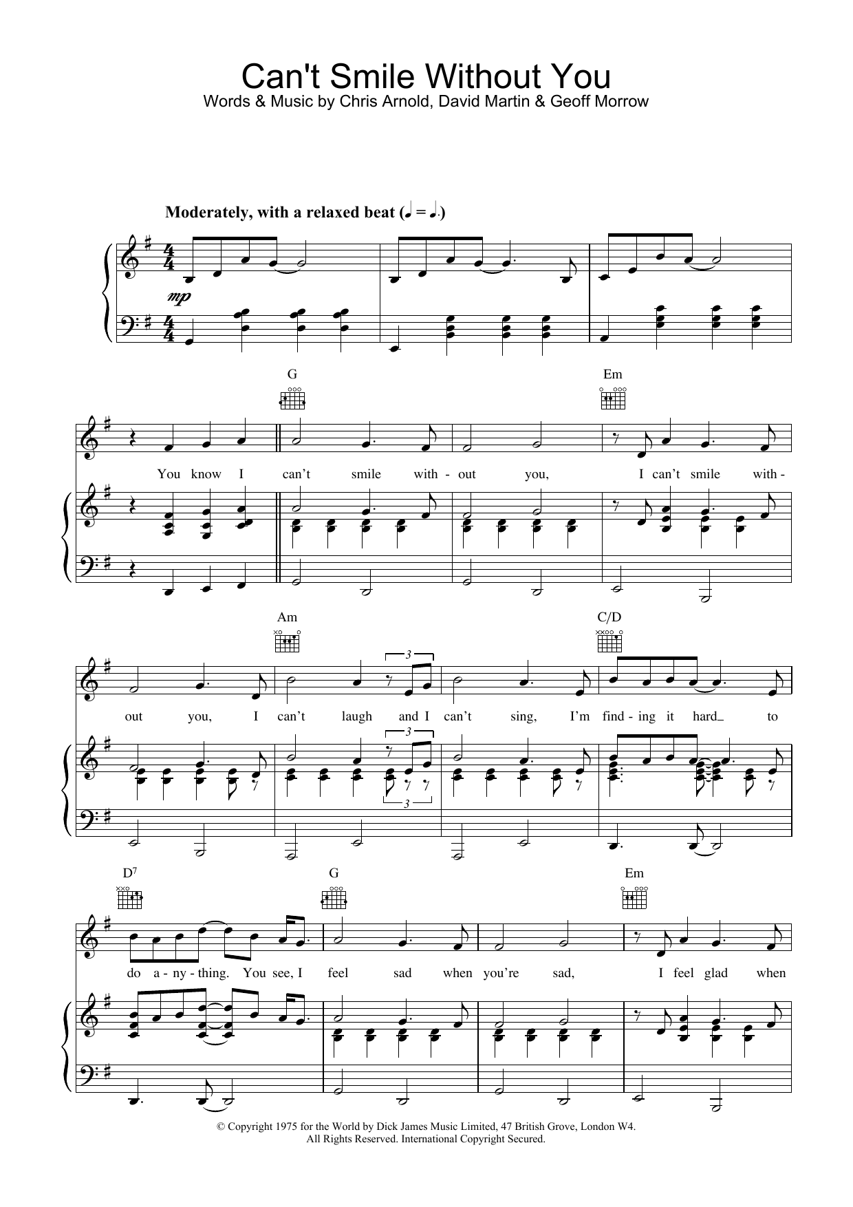 Barry Manilow Can't Smile Without You sheet music notes printable PDF score