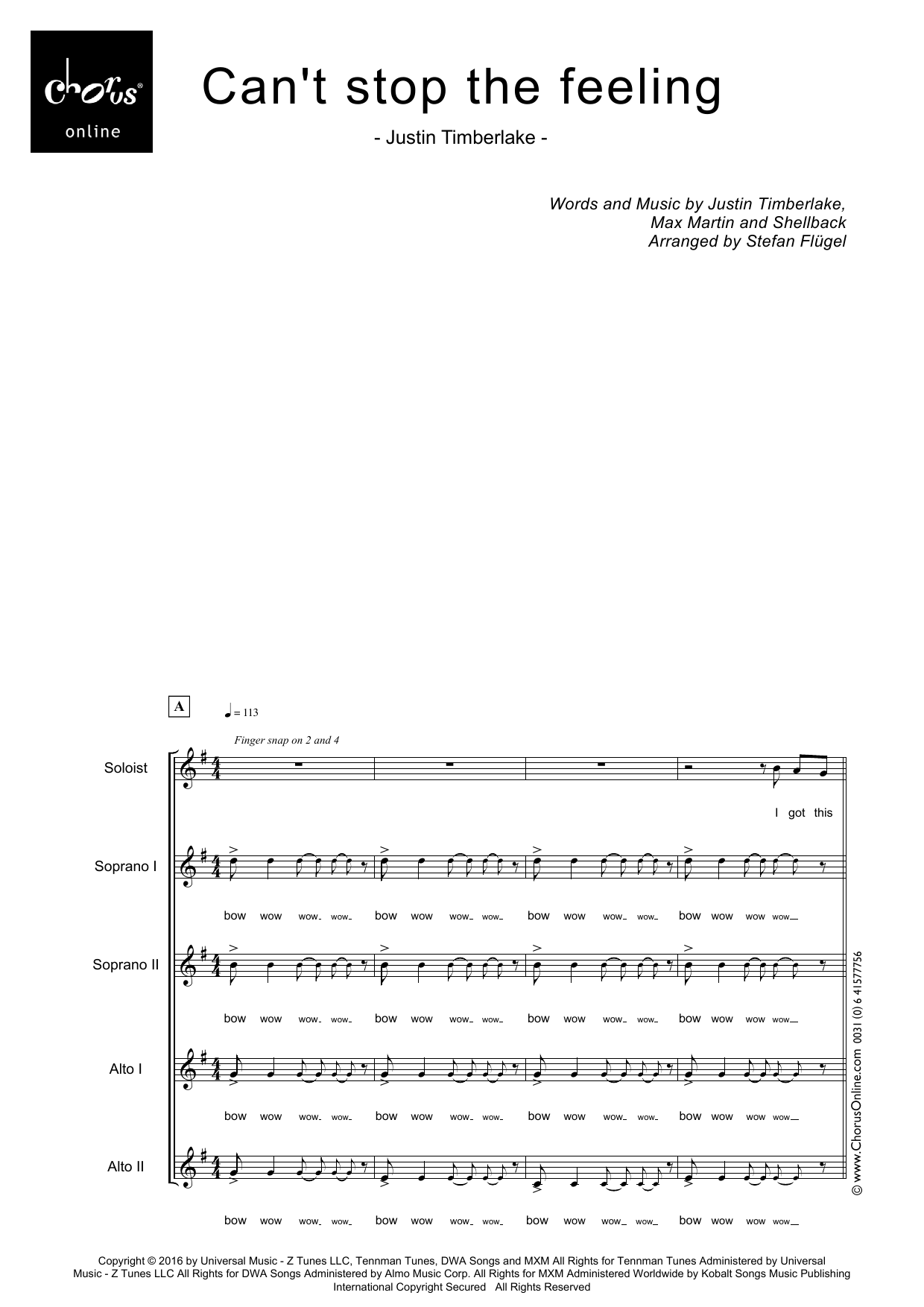 Justin Timberlake Can't Stop the Feeling (arr. Stefan Flügel) sheet music notes printable PDF score