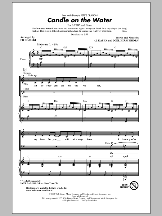 Download Ed Lojeski Candle On The Water Sheet Music