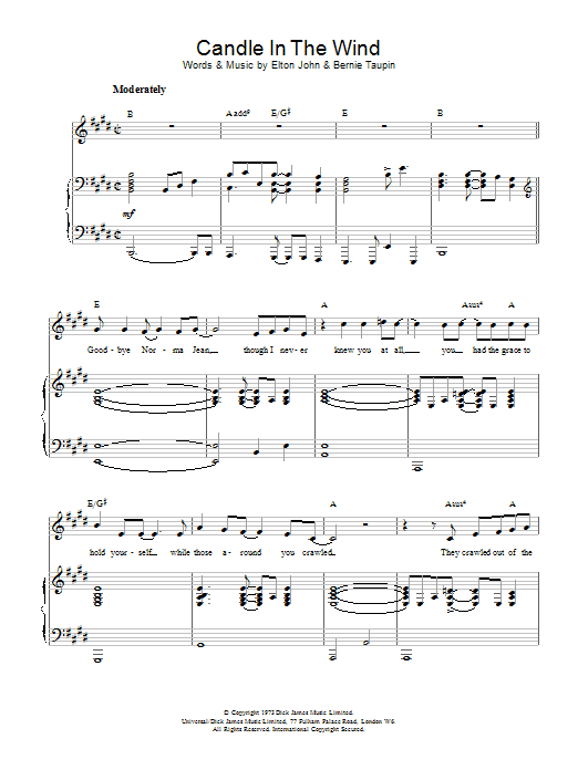 Elton John Candle In The Wind sheet music notes printable PDF score