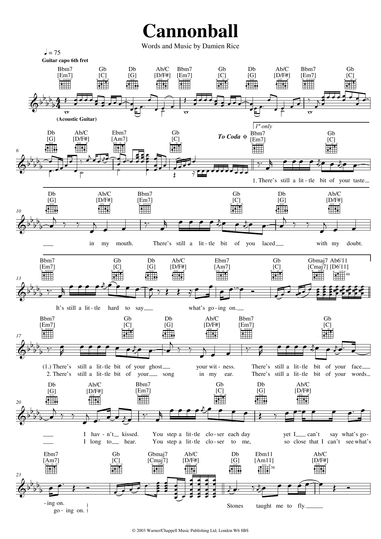 Download Damien Rice Cannonball Sheet Music