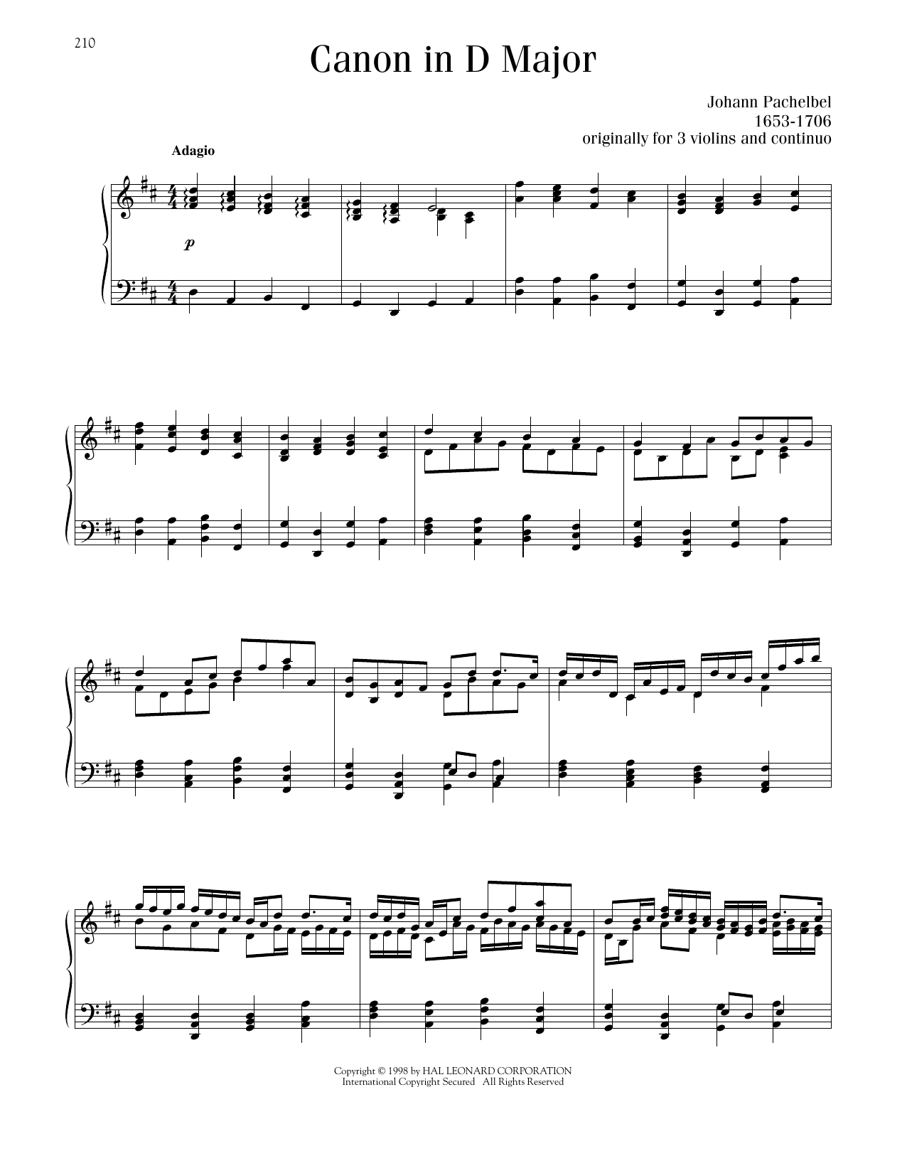 Johann Pachelbel Canon In D sheet music notes printable PDF score