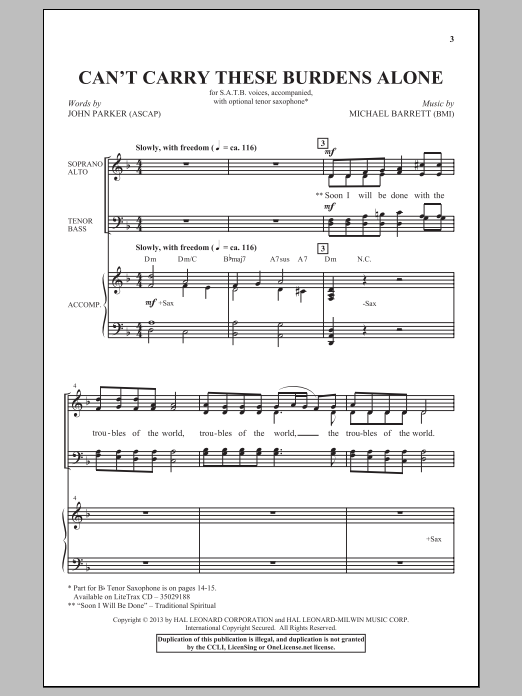Download Michael Barrett Can't Carry These Burdens Alone Sheet Music