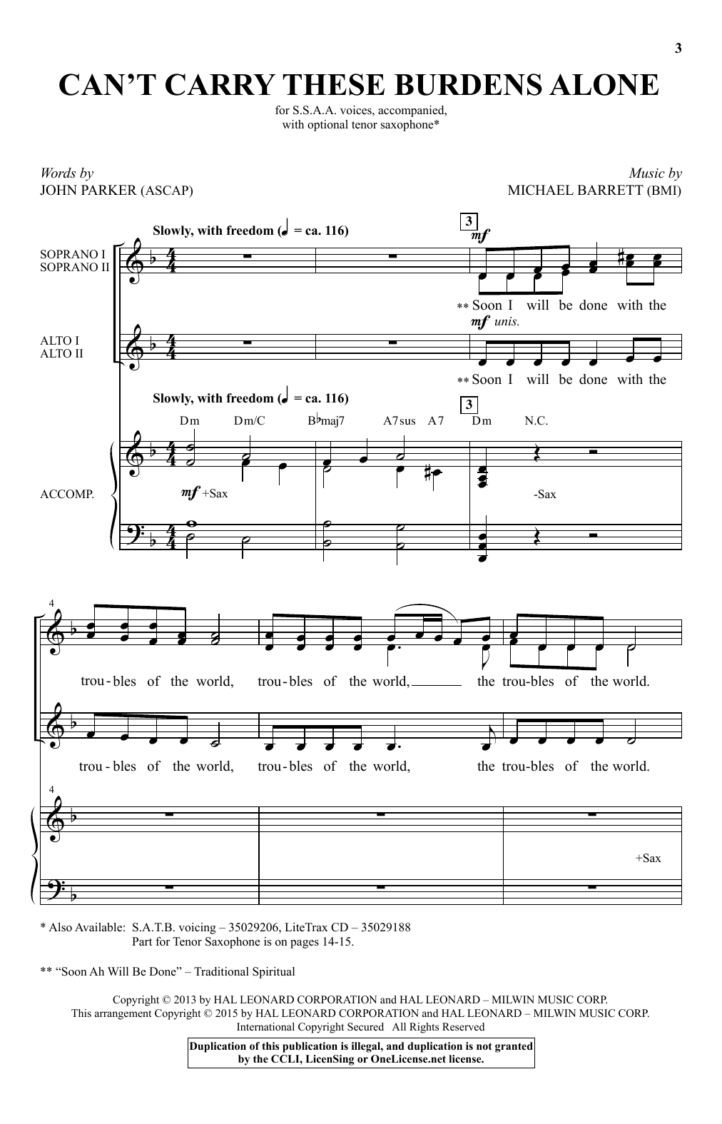 Download Michael Barrett Can't Carry These Burdens Alone Sheet Music