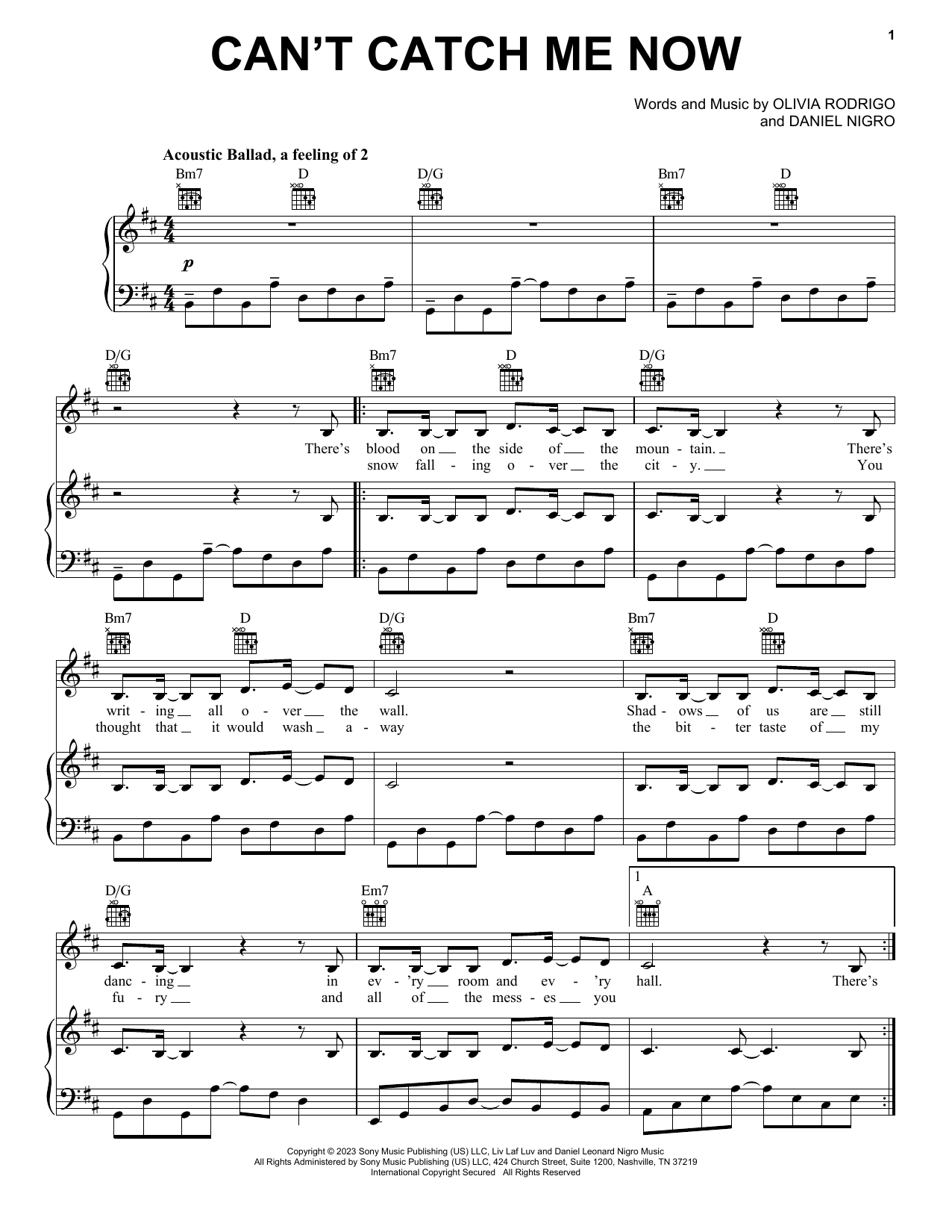 Olivia Rodrigo Can't Catch Me Now (from The Hunger Games: The Ballad of Songbirds & Snakes) sheet music notes printable PDF score