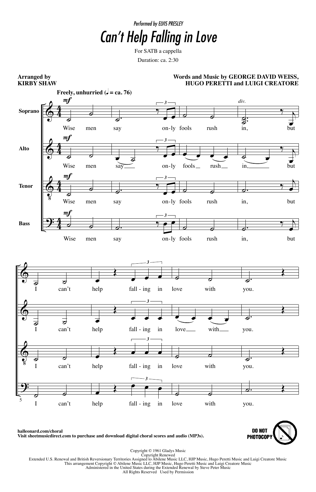 Elvis Presley Can't Help Falling In Love (arr. Kirby Shaw) sheet music notes printable PDF score