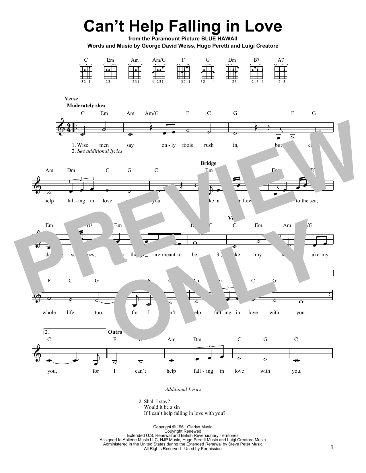 Elvis Presley Can't Help Falling In Love sheet music notes printable PDF score