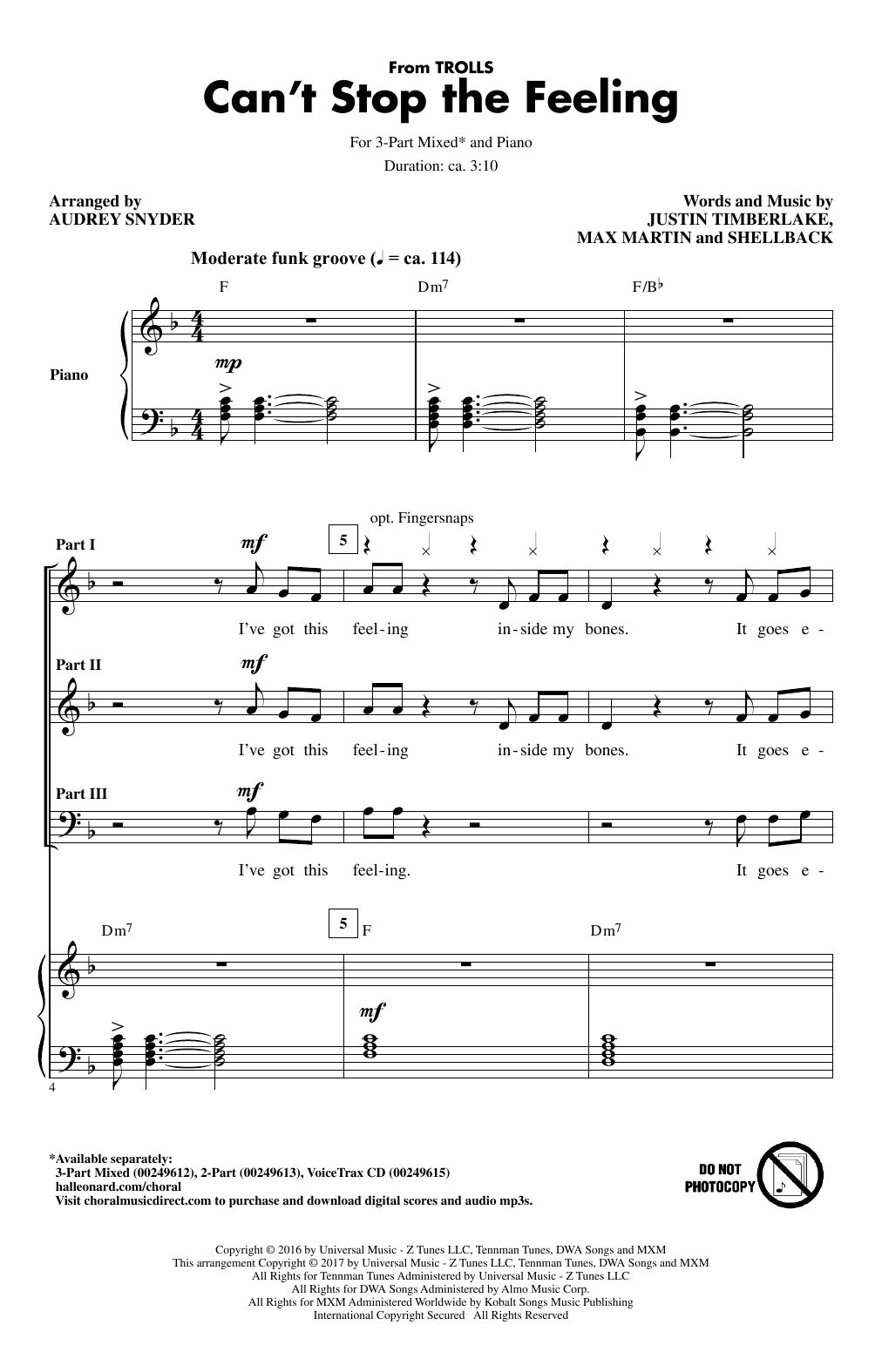 Download Justin Timberlake Can't Stop The Feeling (from Trolls) (a Sheet Music