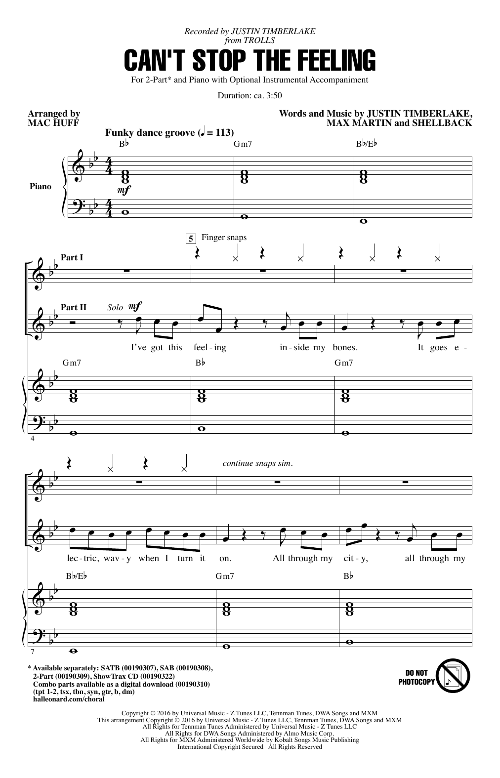 Download Justin Timberlake Can't Stop The Feeling (from Trolls) (a Sheet Music