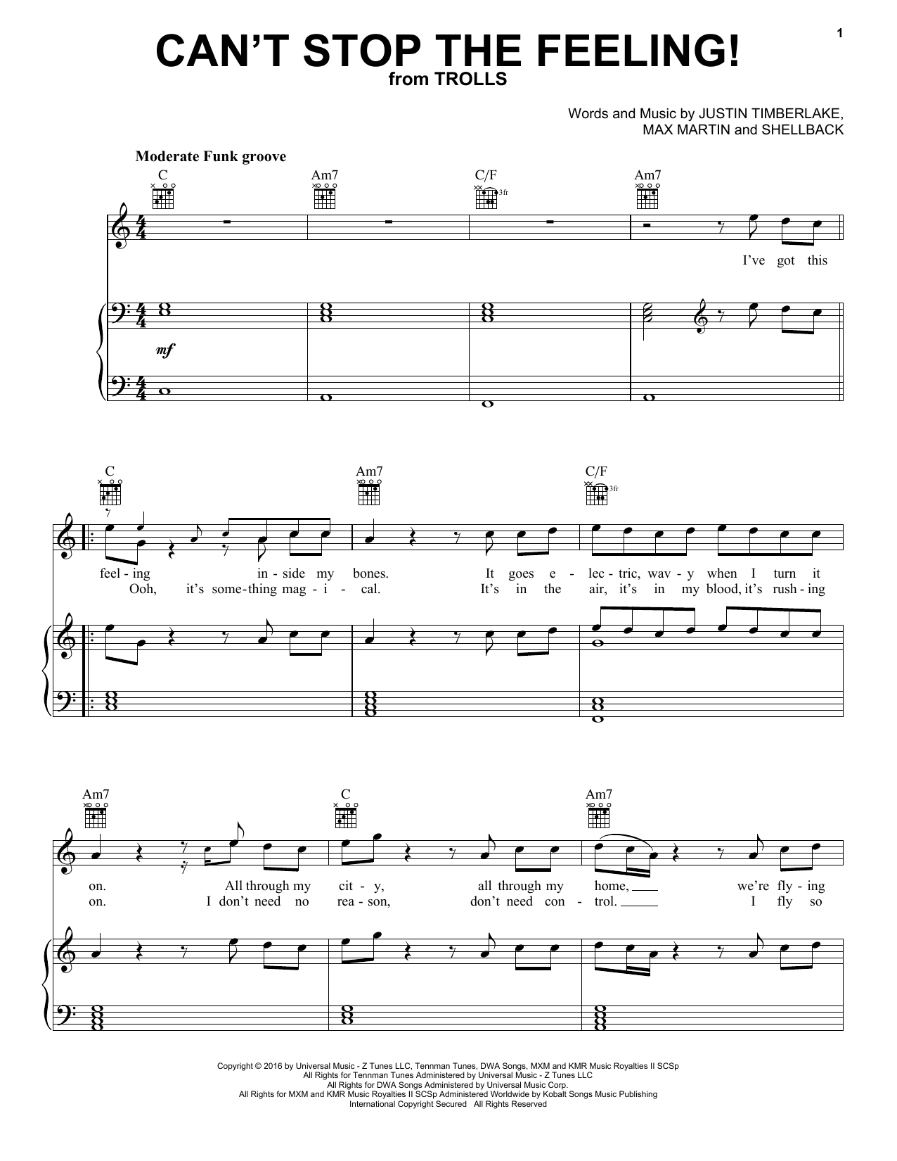 Download Justin Timberlake Can't Stop The Feeling Sheet Music