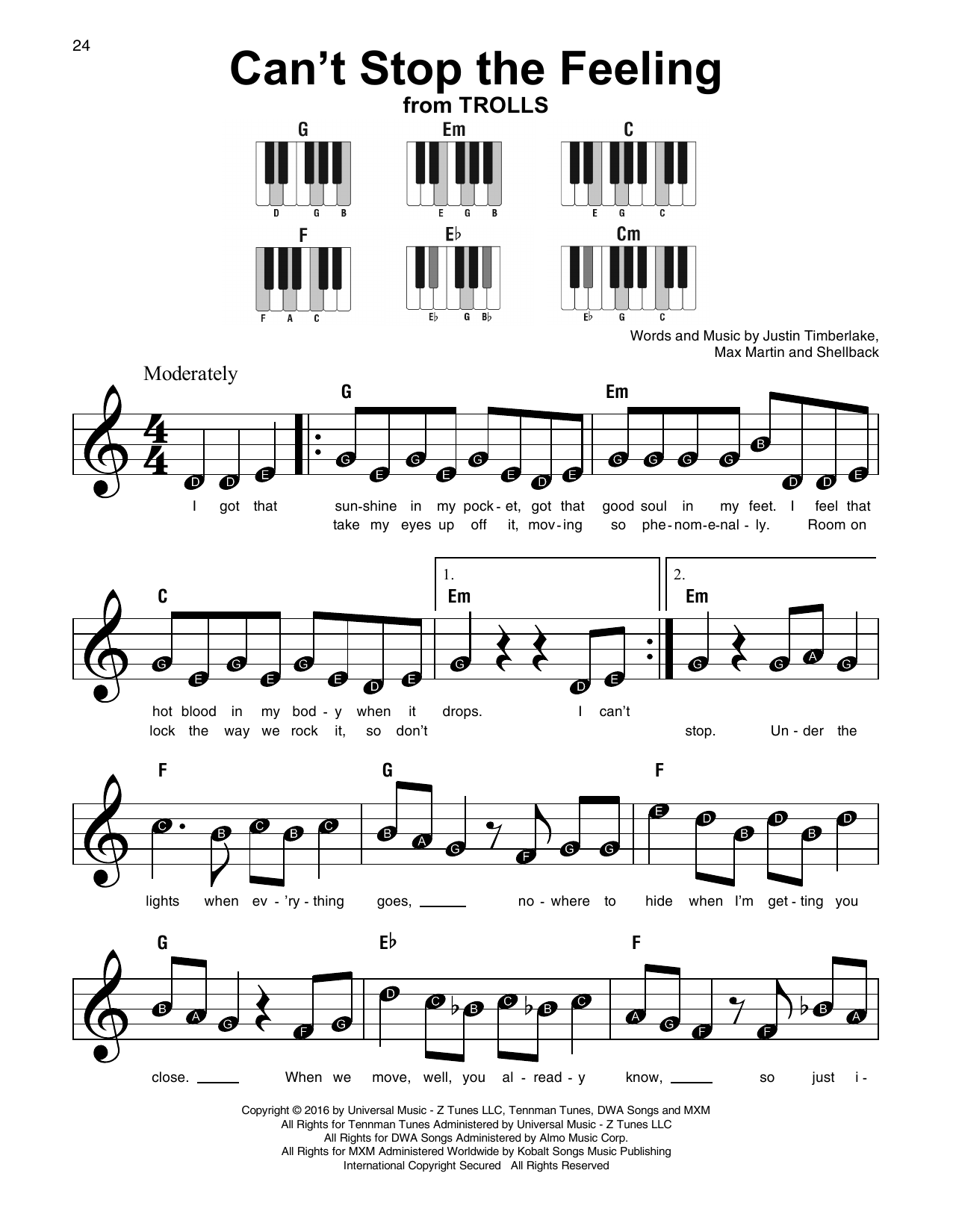 Download Justin Timberlake Can't Stop The Feeling Sheet Music