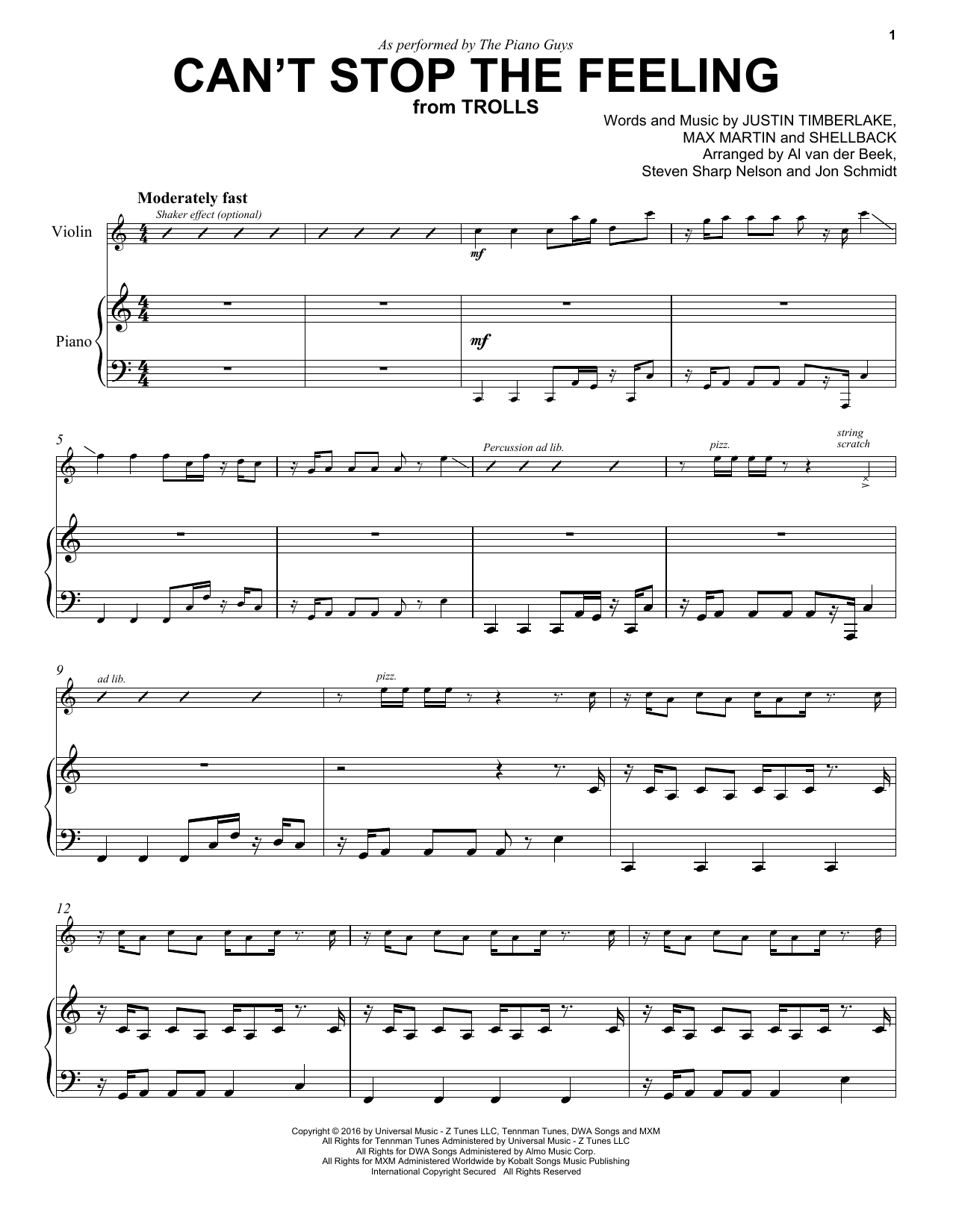 Download The Piano Guys Can't Stop The Feeling Sheet Music