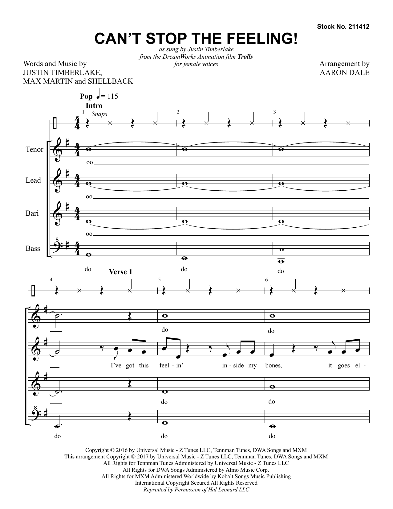 Download Justin Timberlake Can't Stop the Feeling! (arr. Aaron Dal Sheet Music