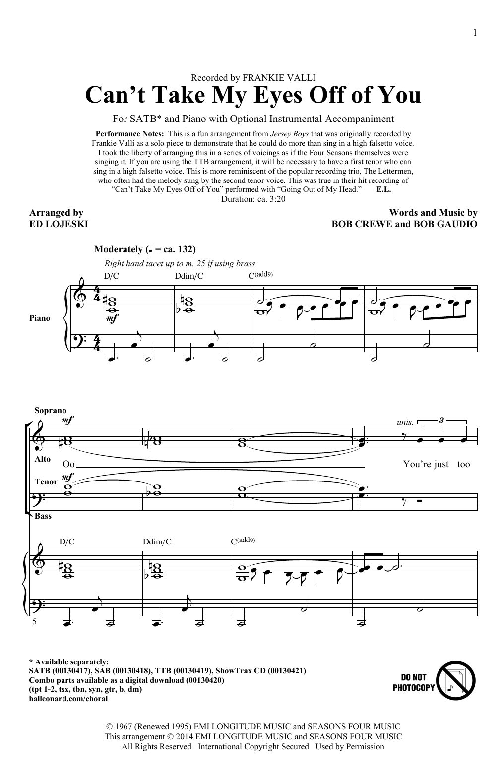 Download Frankie Valli & The Four Seasons Can't Take My Eyes Off Of You (from Jer Sheet Music