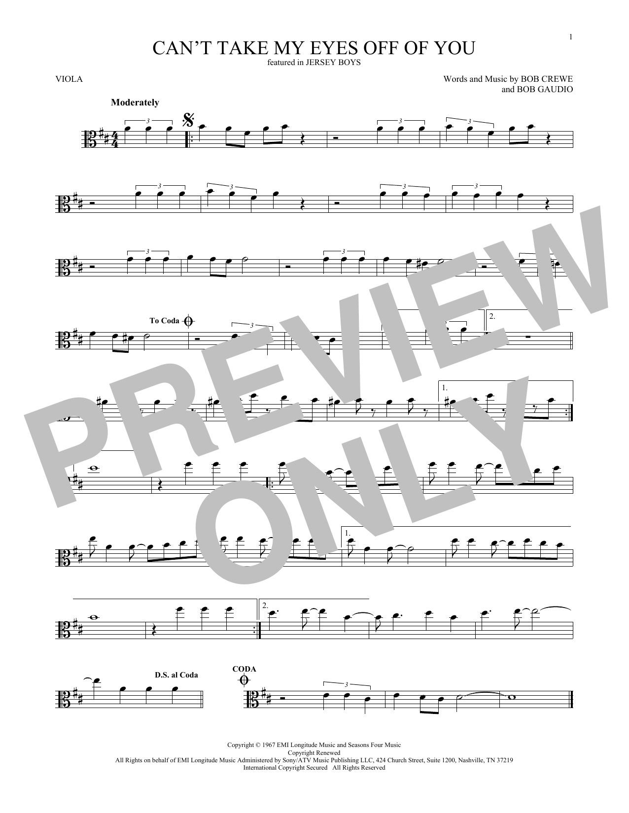 Download Frankie Valli & The Four Seasons Can't Take My Eyes Off Of You Sheet Music