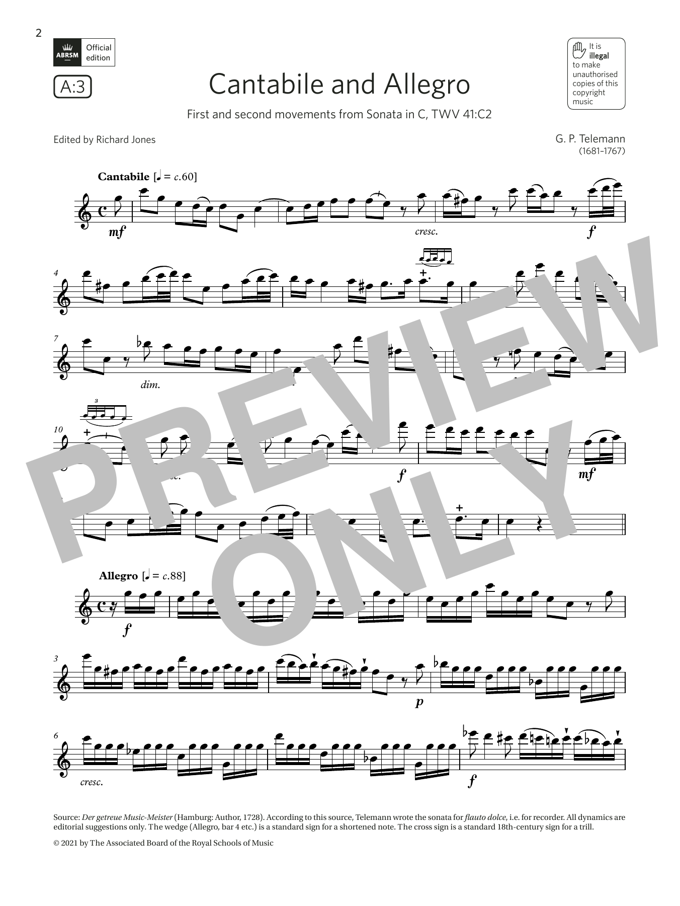 Download Georg Philipp Telemann Cantabile and Allegro (from Sonata in C Sheet Music