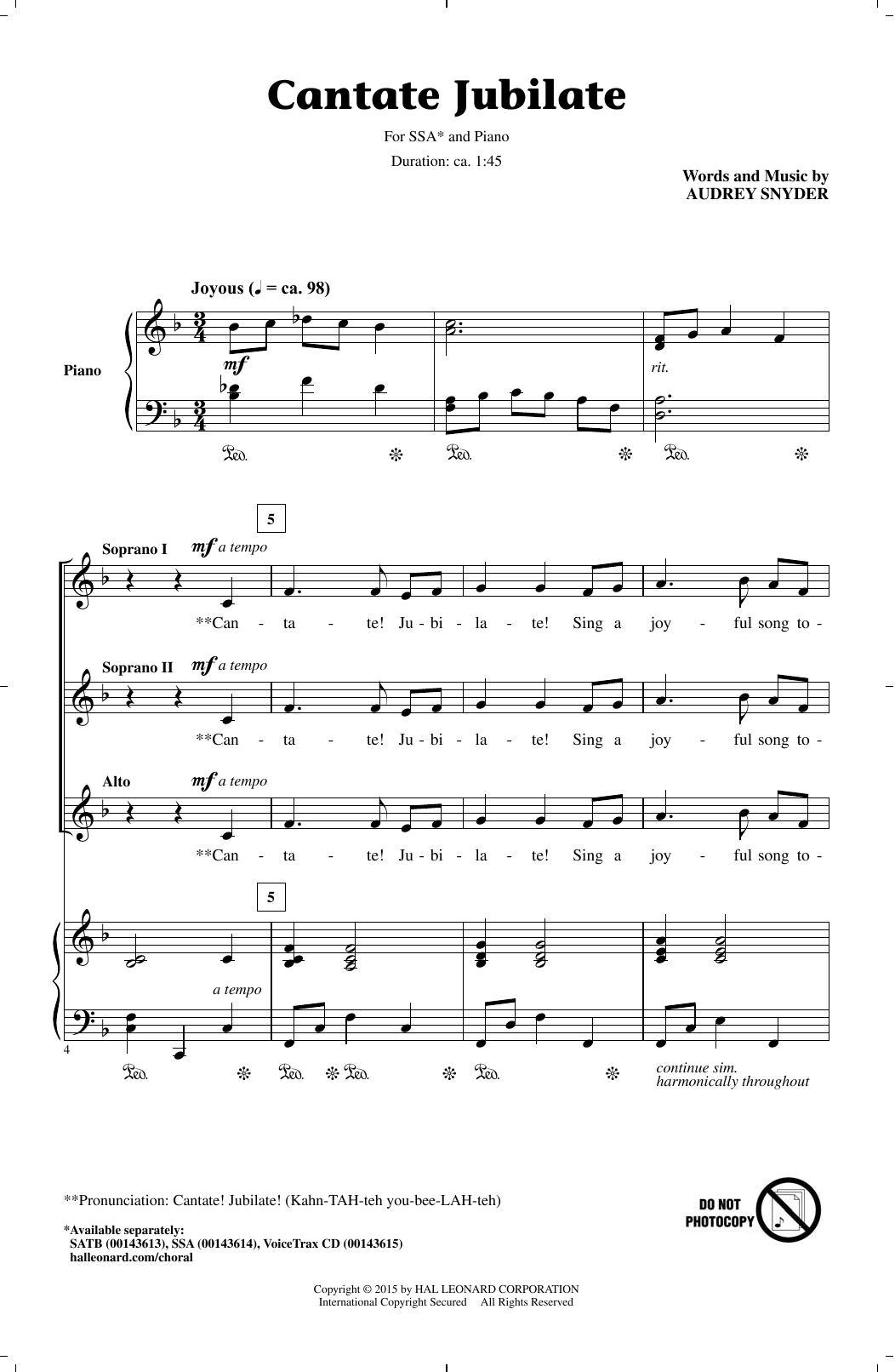 Download Audrey Snyder Cantate Jubilate Sheet Music