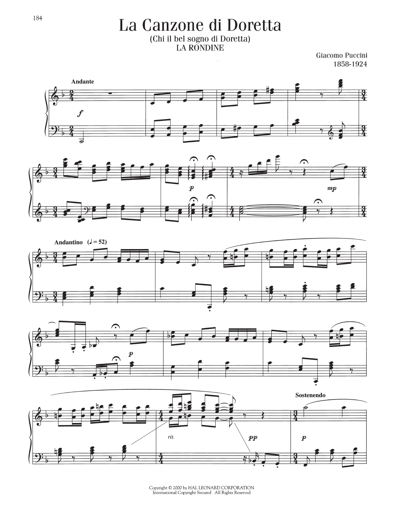 Giacomo Puccini Canzone di Doretta sheet music notes printable PDF score