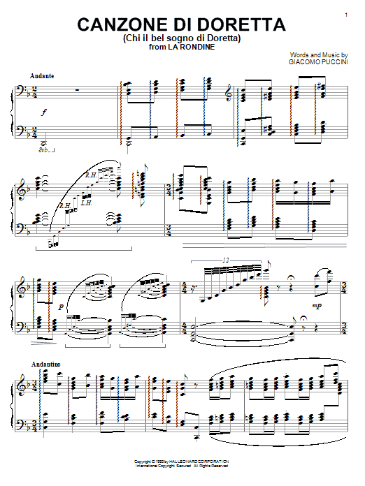 Download Giacomo Puccini Canzone di Doretta Sheet Music