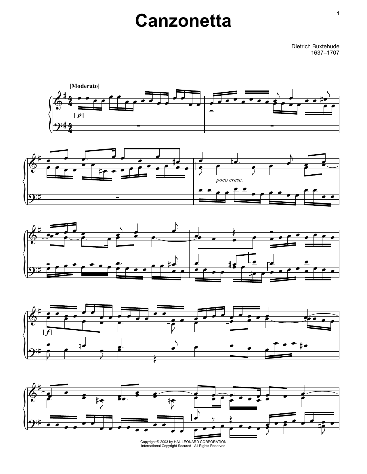 Dietrich Buxtehude Canzonetta In D Major sheet music notes printable PDF score