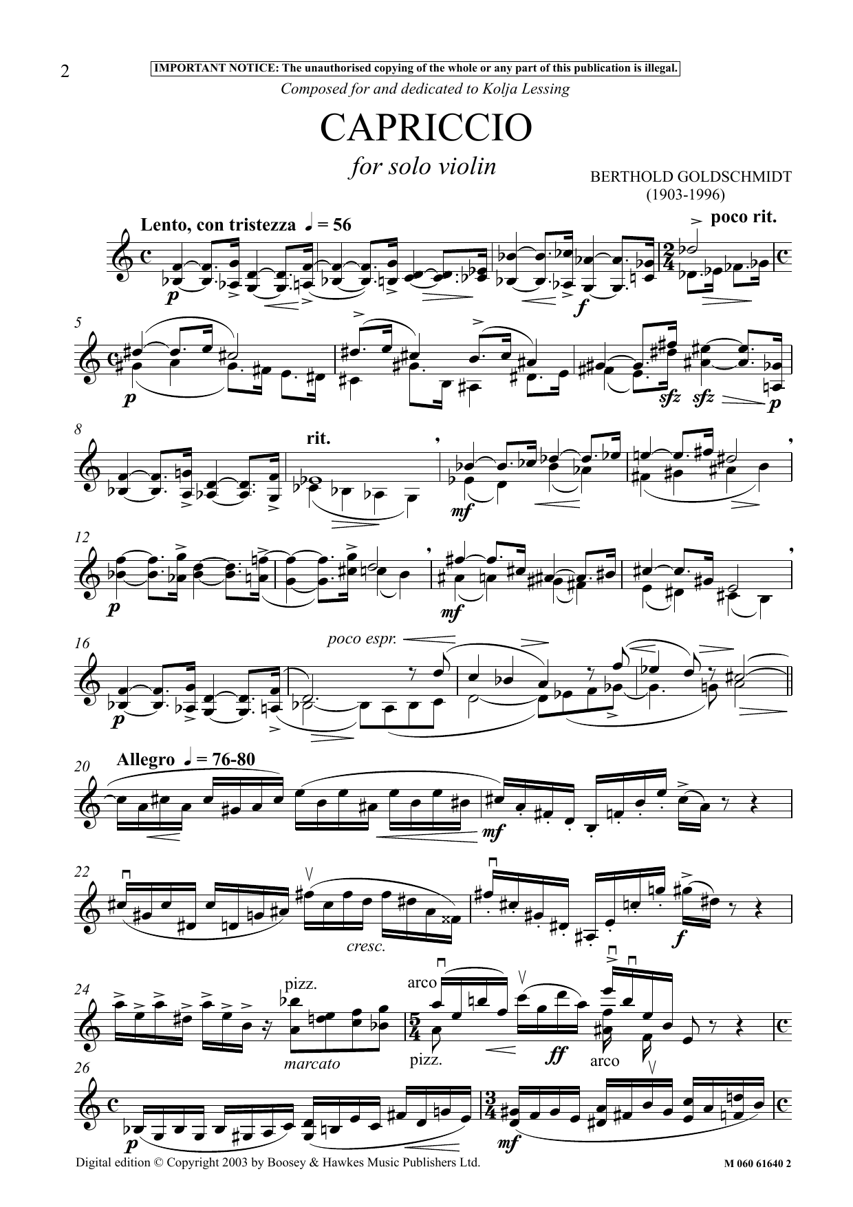 Download Berthold Goldschmidt Capriccio For Solo Violin Sheet Music
