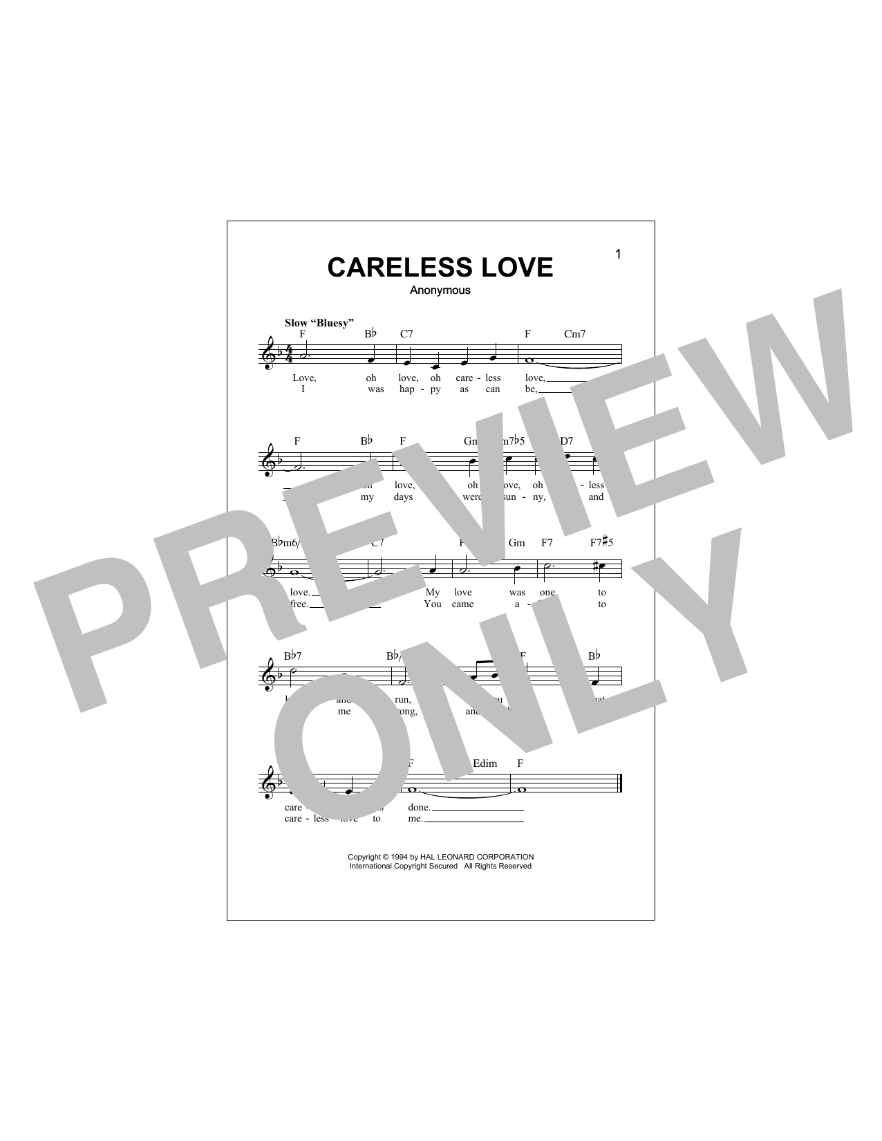 Download Anonymous Careless Love Sheet Music