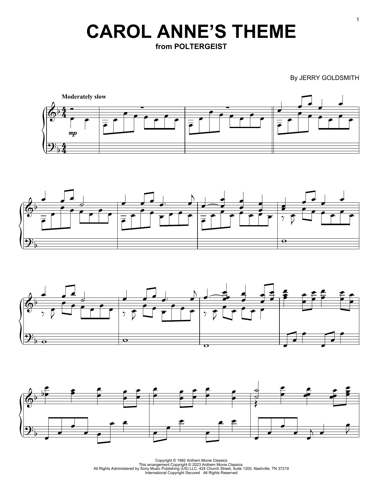 Jerry Goldsmith Carol Anne's Theme (from Poltergeist) sheet music notes printable PDF score