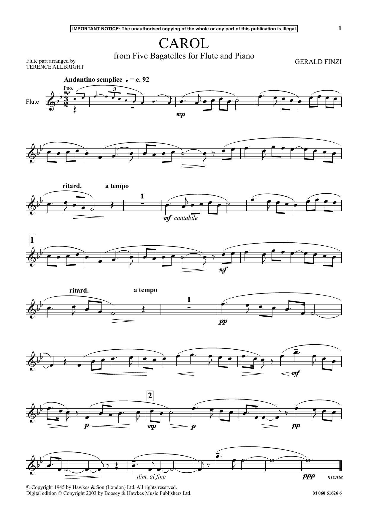 Download Gerald Finzi Carol (from Five Bagatelles For Flute A Sheet Music