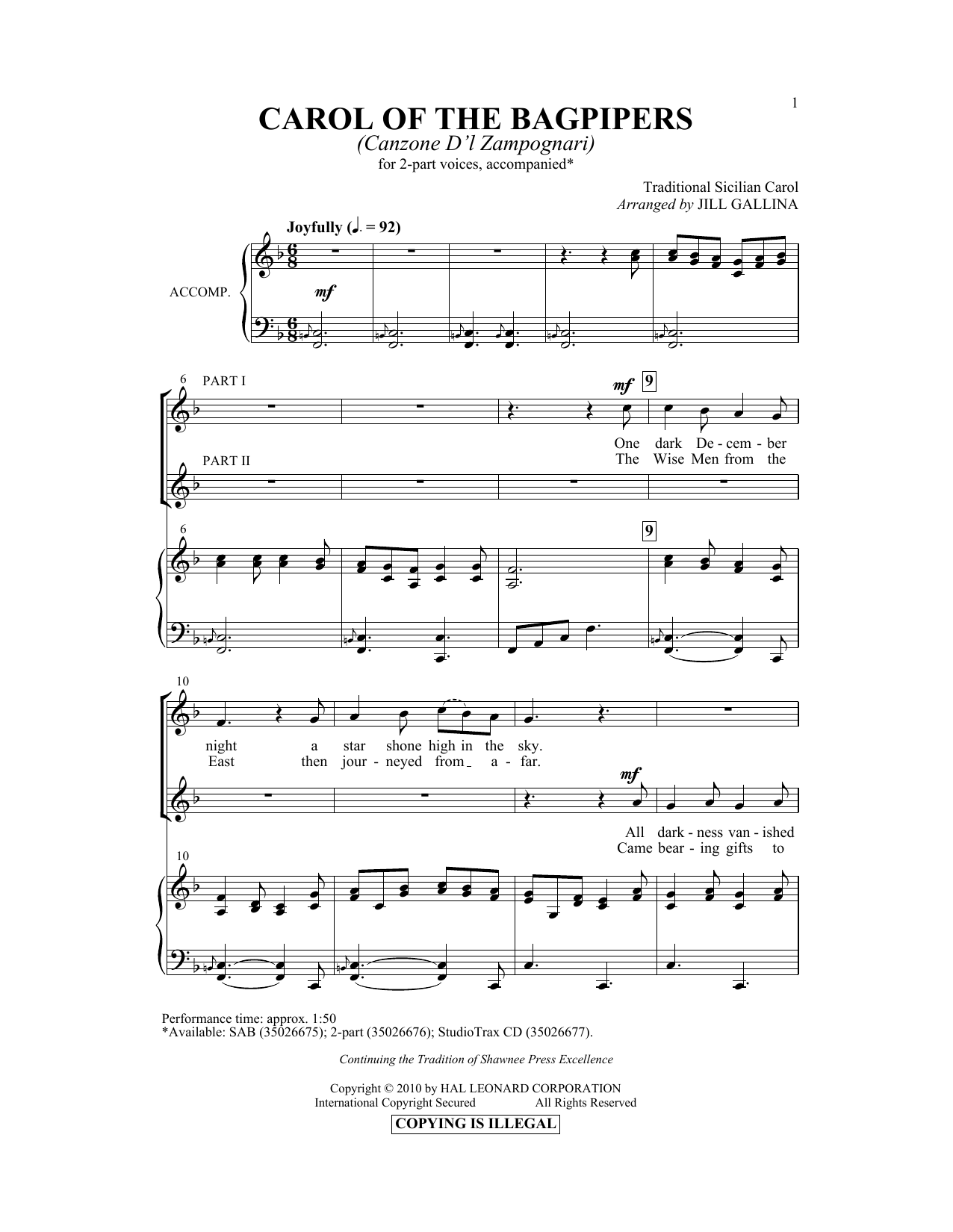 Download Jill Gallina Carol Of The Bagpipers (Canzone D'l Zam Sheet Music