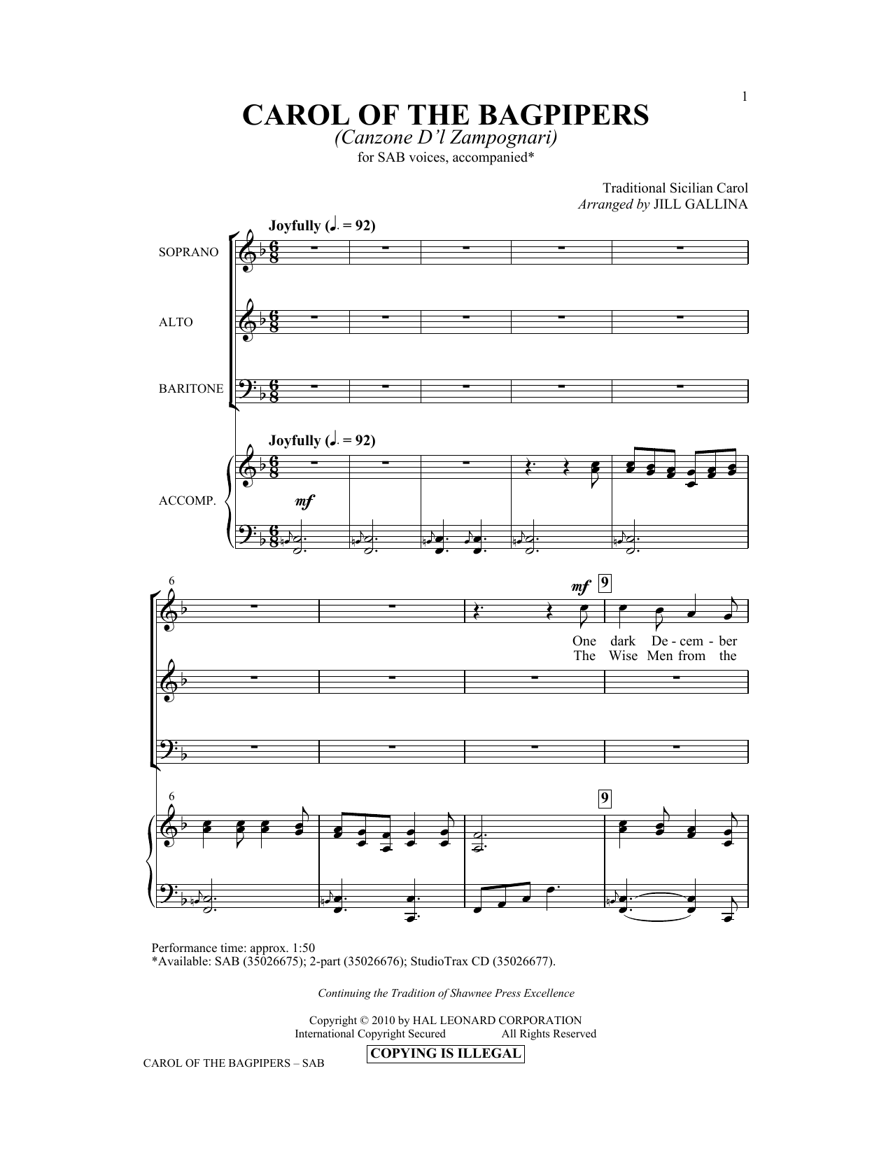 Download Jill Gallina Carol Of The Bagpipers (Canzone D'l Zam Sheet Music