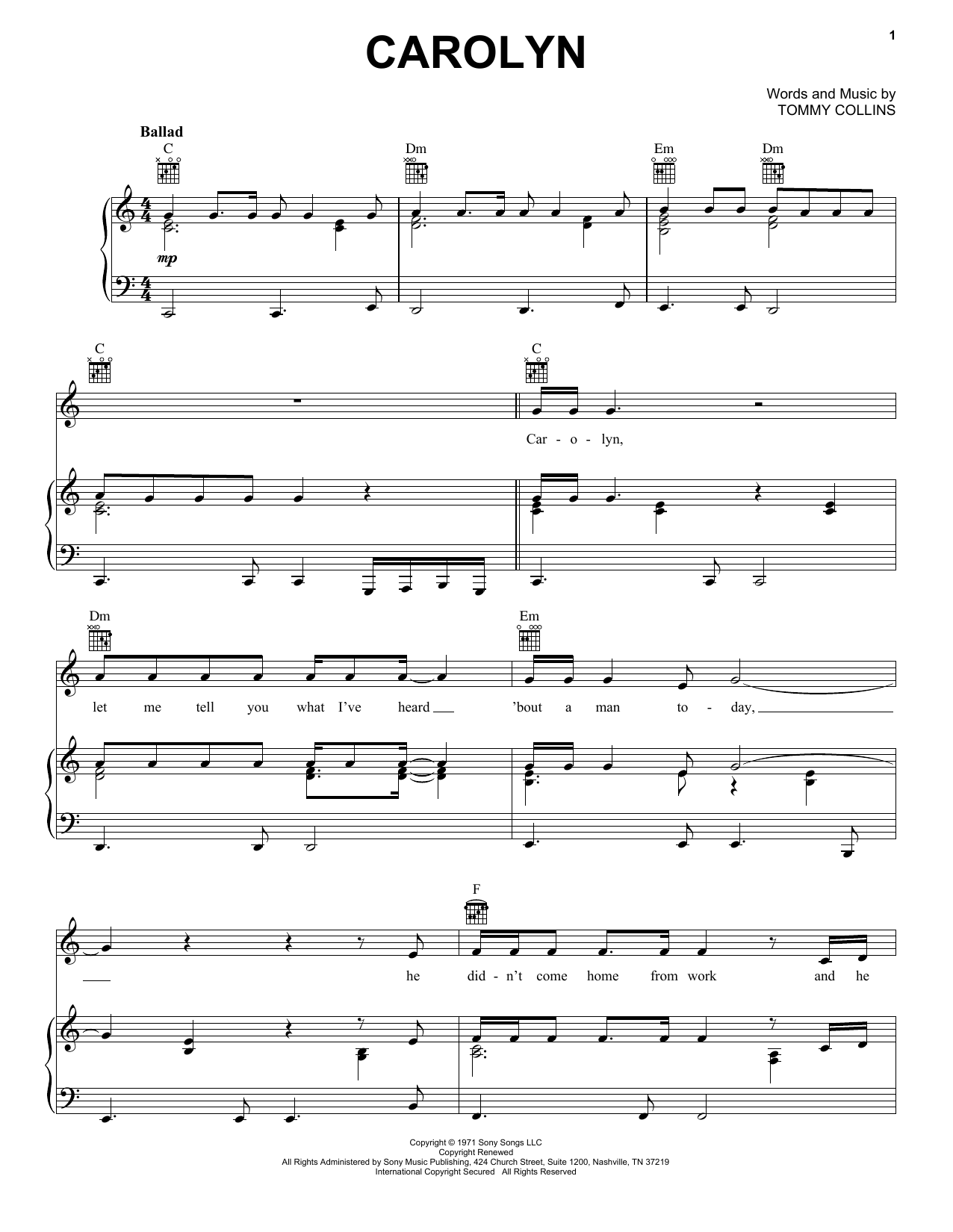 Merle Haggard Carolyn sheet music notes printable PDF score