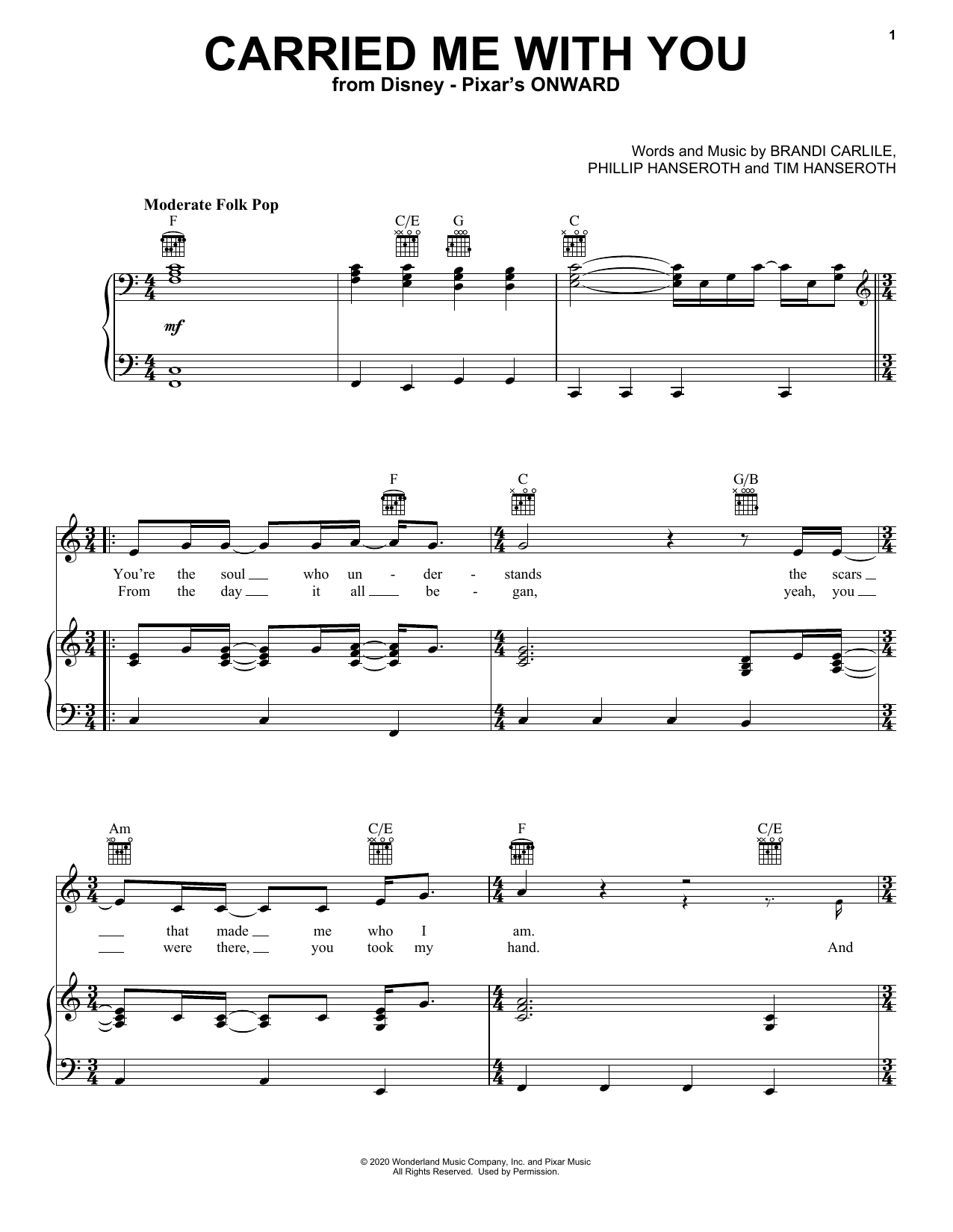 Download Brandi Carlile Carried Me With You (from Onward) Sheet Music