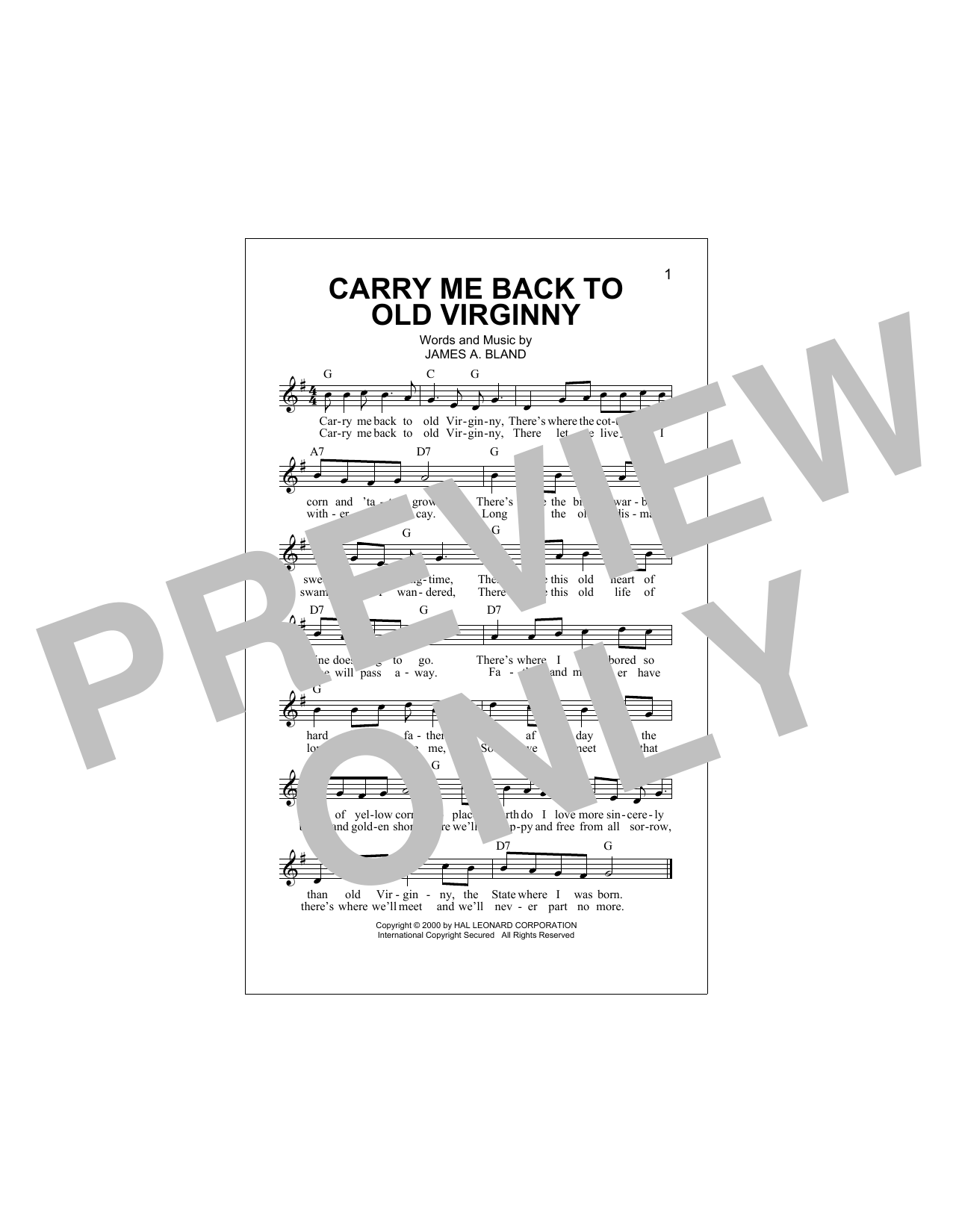 Download James A. Bland Carry Me Back To Old Virginny Sheet Music