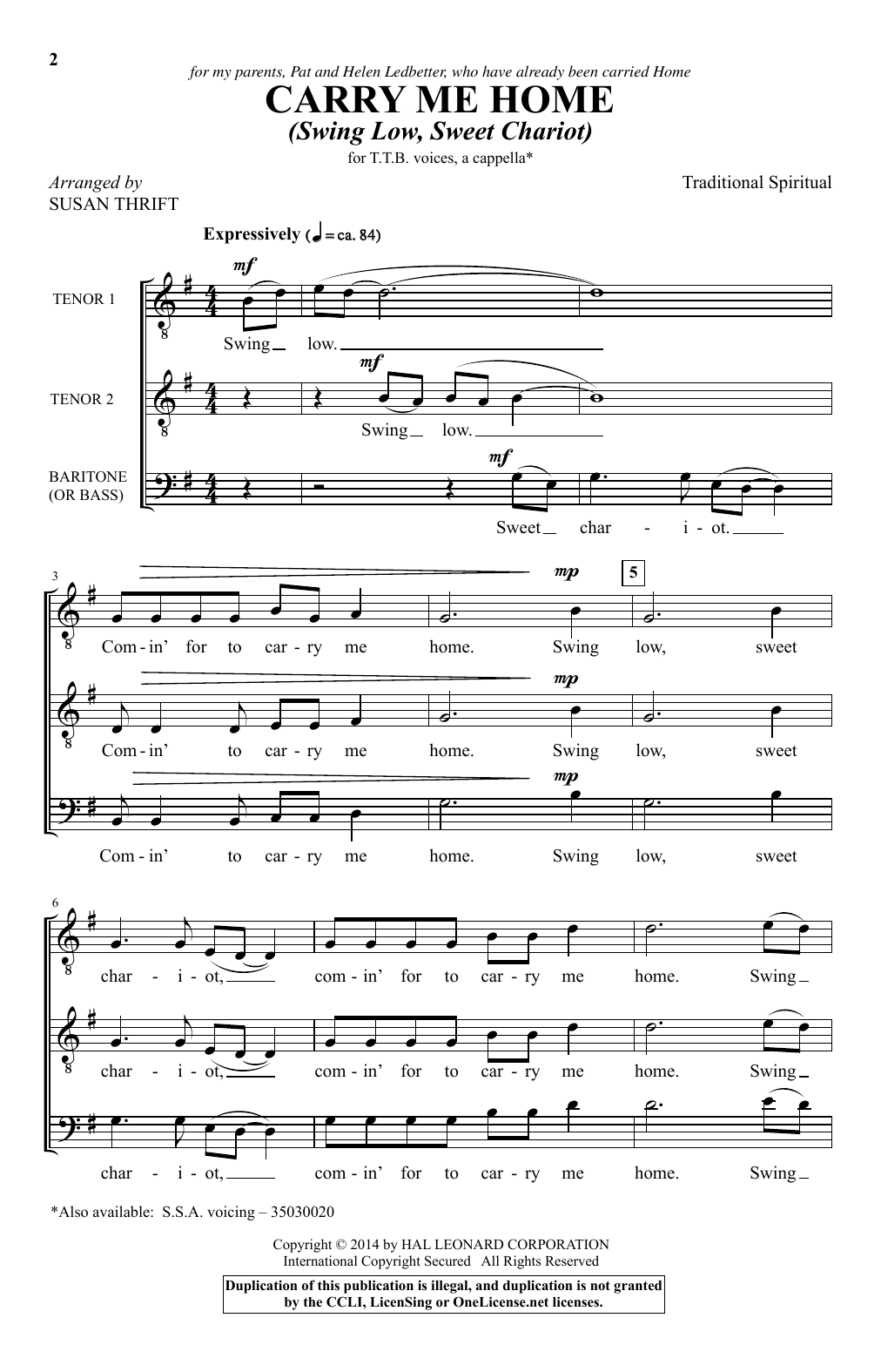 Download Susan Thrift Carry Me Home (Swing Low, Sweet Chariot Sheet Music