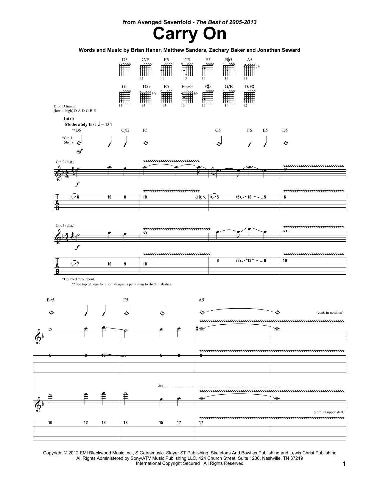 Download Avenged Sevenfold Carry On Sheet Music
