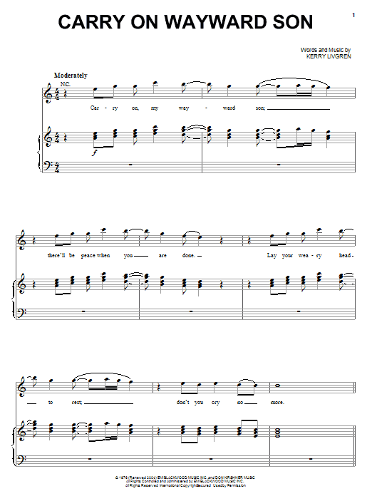 Kansas Carry On Wayward Son sheet music notes printable PDF score
