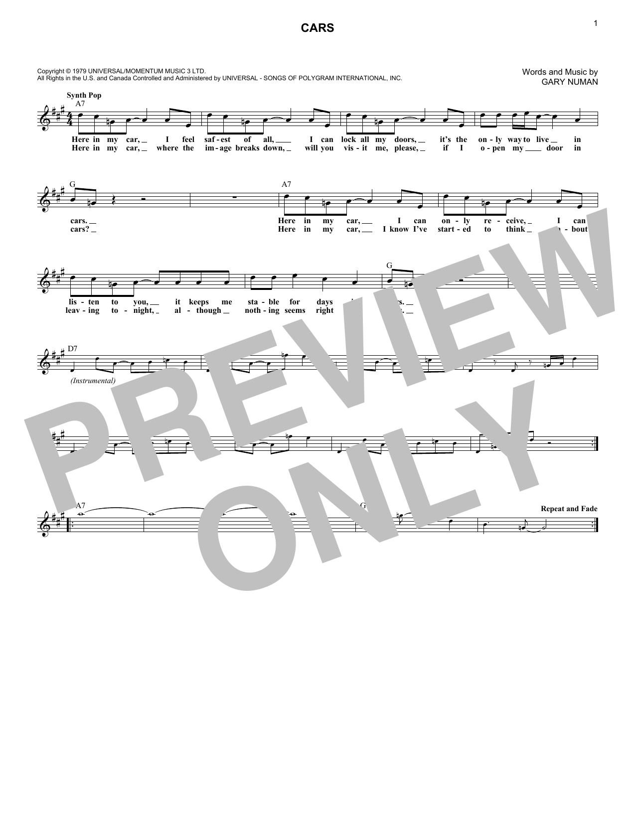 Download Gary Numan Cars Sheet Music