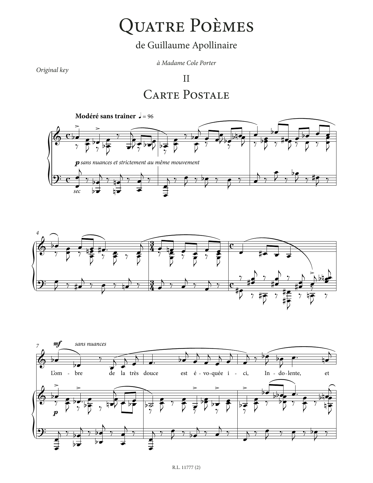 Francis Poulenc Carte postale (Low Voice) sheet music notes printable PDF score