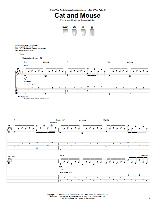 Download The Red Jumpsuit Apparatus Cat And Mouse Sheet Music