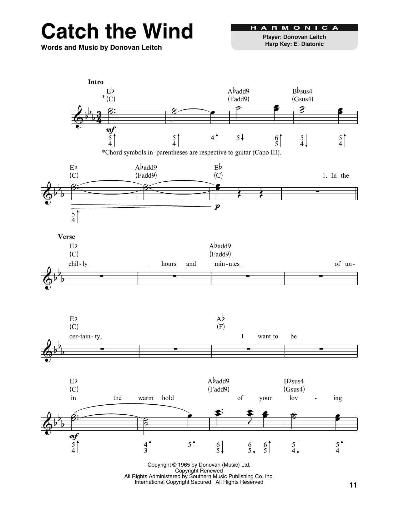 Donovan Catch The Wind sheet music notes printable PDF score