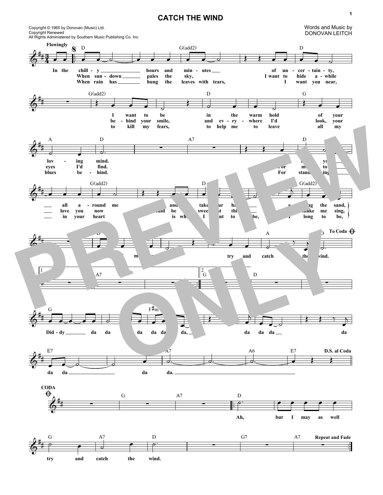 Download Donovan Catch The Wind Sheet Music