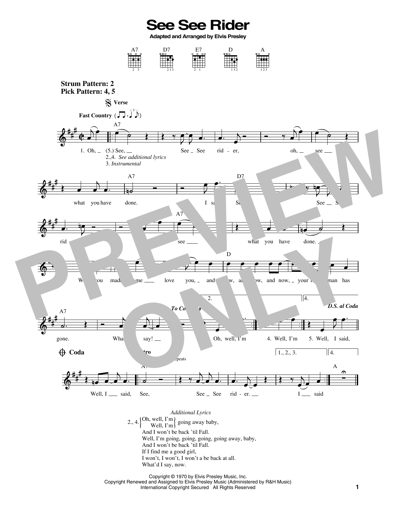 Elvis Presley C.C. Rider sheet music notes printable PDF score