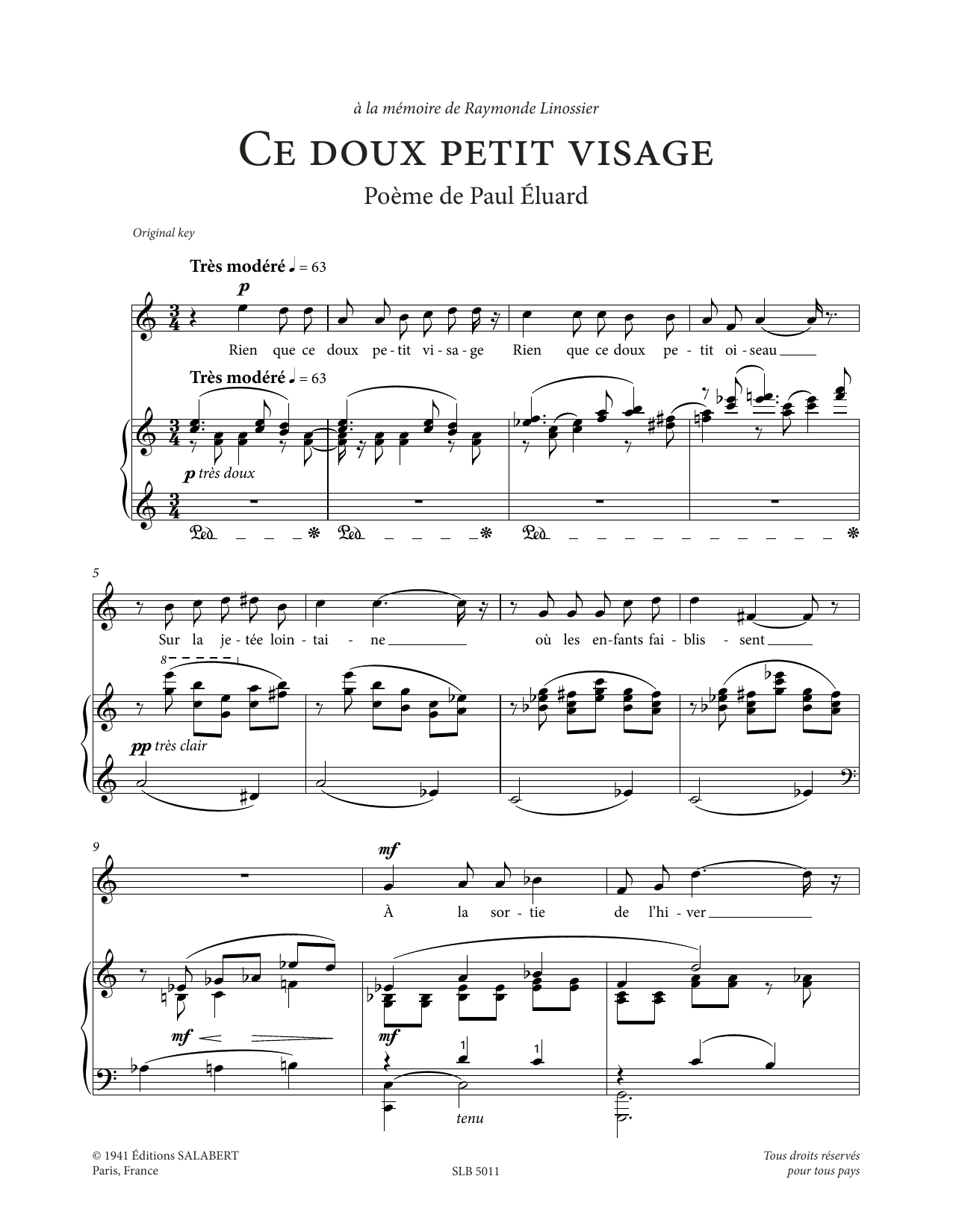 Francis Poulenc Ce doux petit visage (High Voice) sheet music notes printable PDF score