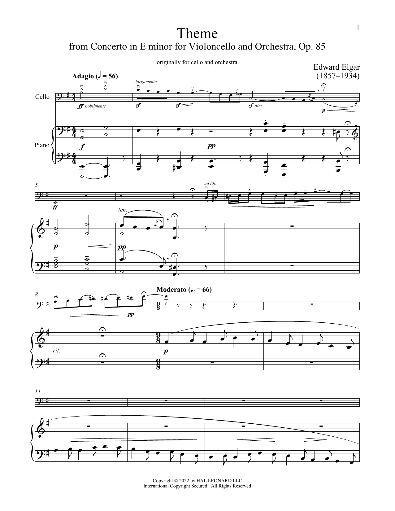 Download Edward Elgar Cello Concerto Sheet Music
