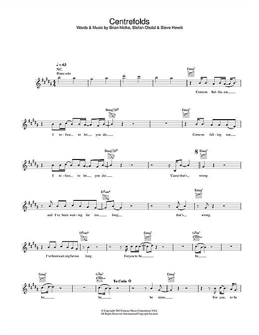 Placebo Centrefolds sheet music notes printable PDF score