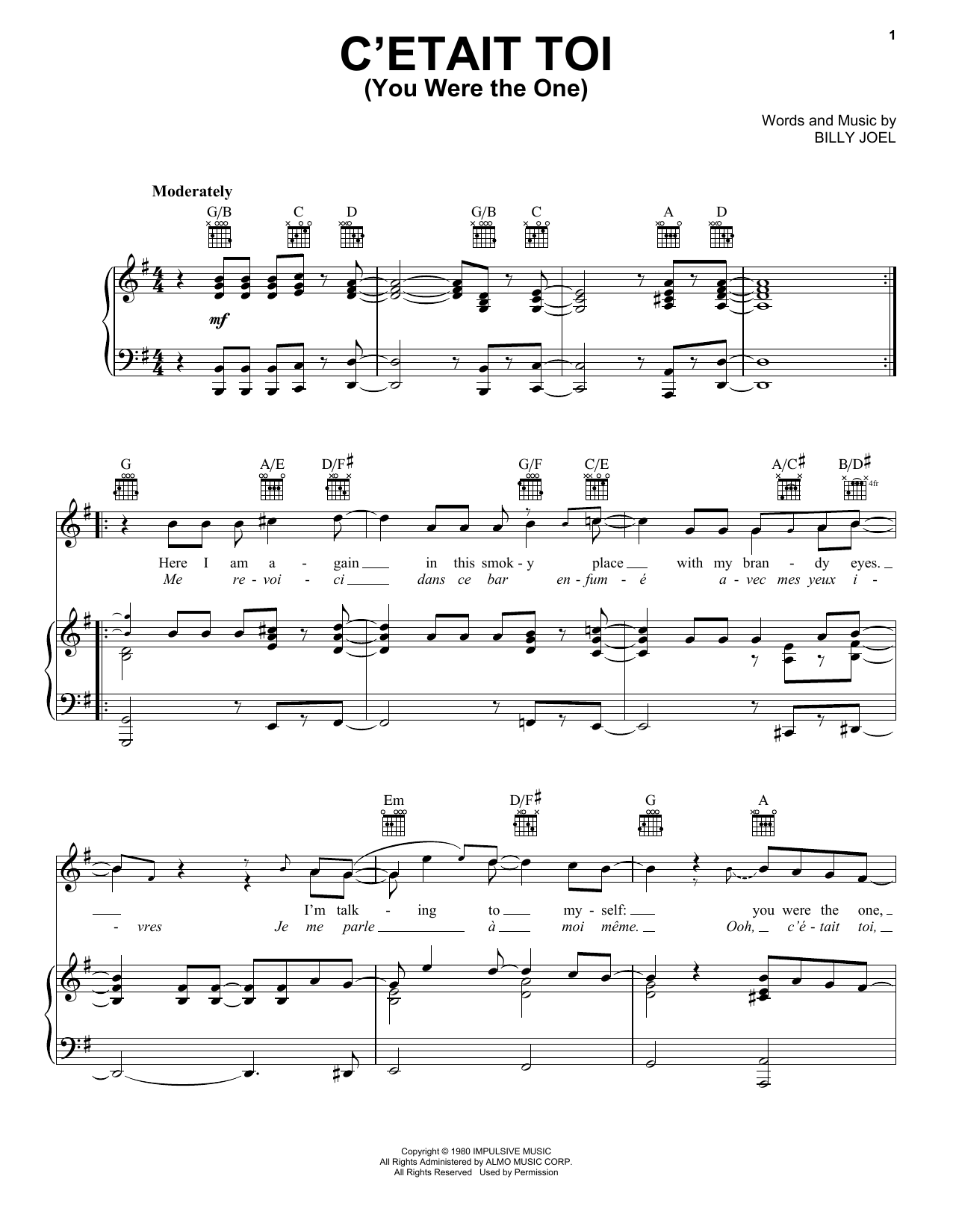 Download Billy Joel C'etait toi (You Were The One) Sheet Music