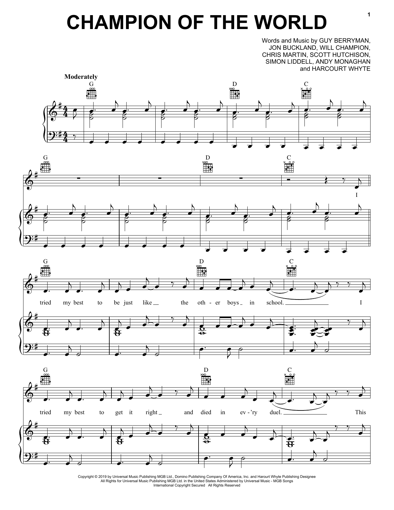 Download Coldplay Champion Of The World Sheet Music