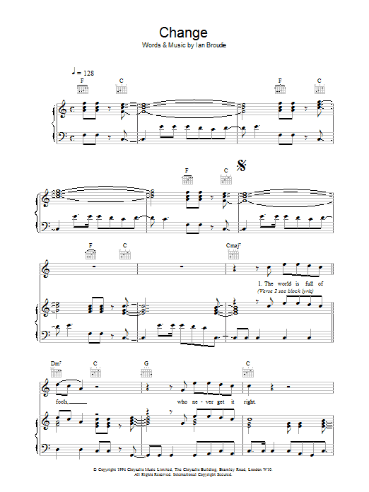 The Lightning Seeds Change sheet music notes printable PDF score